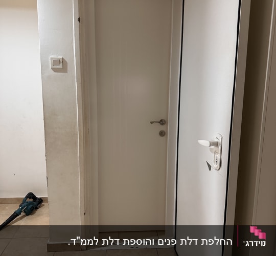 דלת לבנה עם ידית, כלי עבודה על הרצפה